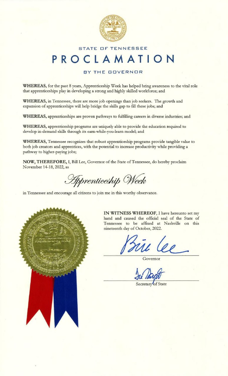 Governor Bill Lee's Proclamation for 2022 Apprenticeship Week Governor Bill Lee's Proclamation for 2022 Apprenticeship Week
