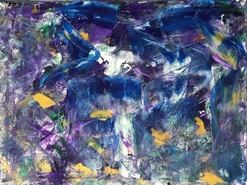 “Untitled Abstract” by Derrick Freeman painting that features bold brushstrokes of purples, blues, golds and white all across the canvas, layering colors over each other