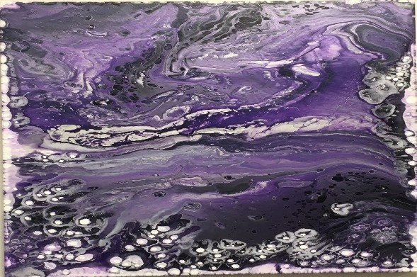 "Purple Nexus” by Austin King an abstract painting with purple and white swirls all over the canvas; it almost looks like purple waves on a seashore washing up on sand