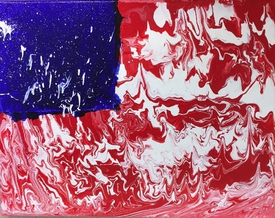 “Messy Flag” by Morgan Vice a horizontal rectangular painting with a bright blue square section at the top left, and then the rest of the canvas features waves or swirls of red and white that appear like the red and white stripes of the American flag