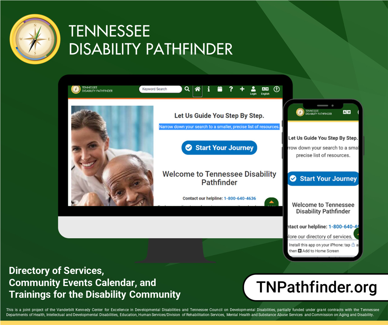 TN Disability Pathfinder: https://www.tnpathfinder.org/ screenshot of TN Disability Pathfinder, showing accessing the site on a mobile device and a laptop browser window; includes Pathfinder logo, the URL, and "directory of services, community events calendar, and trainings for disability community"