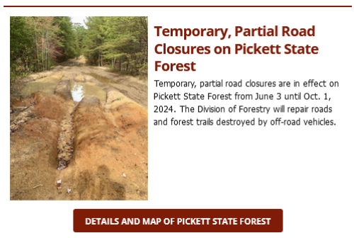 Temporary Road Closures to Take Effect at Pickett State Forest