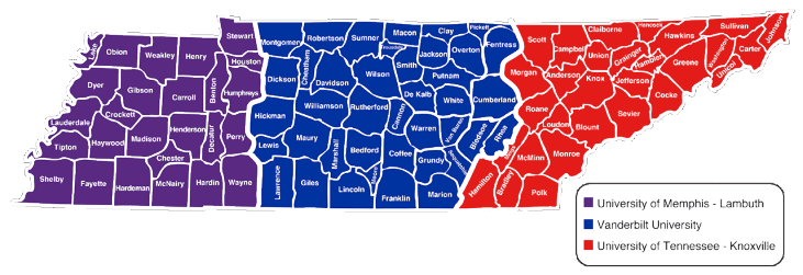 The University of Memphis, Lambuth is the contact for the schools and districts that reside within the following counties: Lake, Obion, Weakley, Henry, Stewart, Houston, Humphreys, Benton, Carroll, Gibson, Crockett, Dyer, Lauderdale, Tipton, Haywood, Madison, Henderson, Decatur, Perry, Wayne, Hardin, McNairy, Chester, Hardeman, Fayette, Shelby.Vanderbilt University is the contact for the schools and districts that reside within the following counties: Montgomery, Dickson, Hickman, Lewis, Lawrence, Giles, Maury, Williamson, Cheatham, Robertson, Sumner, Davidson, Macon, Trousdale, Wilson, Rutherford, Bedford, Moore, Lincoln, Franklin, Coffee, Cannon, Marion, Grundy, Warren, DeKalb, Smith, Clay, Jackson, Putnam, Overton, Pickett, White, Van Buren, Sequatchie, Bledsoe, Rhea, Cumberland, Morgan, Fentress, Scott.The University of Tennessee, Knoxville is the contact for the schools and districts that reside within the following counties: Hamilton, Bradley, Polk, Meigs, McMinn, Monroe, Blount, Loudon, Roane, Anderson, Knox, Sevier, Cocke, Jefferson, Campbell, Union, Grainger, Hamblen, Greene, Claiborne, Hancock, Hawkins, Sullivan, Washington, Unicoi, Carter, Johnson.
