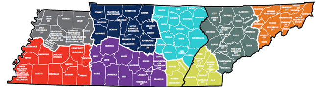 Tennessee CORE Regions Upper Cumberland Districts: Bledsoe County, Cannon County, Clay County, Cumberland County, DeKalb County, Fentress County, Jackson County, Macon County, Overton County, Pickett County, Putnam County, Smith County, Trousdale County, Van Buren County, Warren County, White County, York Institute. Southwest Districts: Arlington, Achievement School District, BartlettChester, Collierville, Decatur, Fayette, Germantown, Hardeman, Hardin, Haywood, Henderson, Lauderdale, Lakeland, Lexington, McNairy, Madison, Millington, Shelby, Tipton. Southeast Districts: Athens City, Bradley County, Cleveland City, Dayton City, Etowah City, Grundy County, Hamilton County, Marion County, McMinn County, Meigs County, Polk County, Rhea County, Richard City, Sequatchie County. South Central Districts: Bedford County, Coffee County, Manchester City, Tullahoma City, Franklin County, Giles County, Hickman County, Lawrence County, Lewis County, Lincoln County, Fayetteville City, Marshall CountyMaury County, Moore County, Perry County, Wayne County. Northwest Districts: Benton County, Carroll County, Hollow Rock-Bruceton SSD, Huntingdon SSD, McKenzie SSD, South Carroll SSD, West Carroll SSD, Crockett County, Alamo City, Bells City, Dyer County, Dyersburg City, Gibson County SSD, Bradford SSD, Humboldt SSD, Milan SSD, Trenton SSD, Henry County, Paris SSD, Lake County, Obion County, Union City, Weakley County. Mid Cumberland Districts: Cheatham County, Metro Nashville Public Schools, Dickson County, Houston County, Humphreys County, Montgomery County, Robertson County, Rutherford County, Murfreesboro City, Stewart County, Sumner County, Williamson County, Franklin SSD, Wilson County, Lebanon SSD, TSB. First Tennessee Districts: Carter County, Elizabethton City, Cocke County, Newport City, Greene County, Greeneville City, Hamblen County, Hancock County, Hawkins County, Rogersville City, Johnson County, Sullivan County, Bristol City, Kingsport City, Unicoi County, Washington County, Johnson City. East Tennessee Districts: Anderson County, Clinton City, Oak Ridge, Blount County, Alcoa City, Maryville City, Campbell County, Claiborne County, Grainger County, Jefferson County, Knox County, Loudon County, Lenoir City, Monroe County, Sweetwater City, Morgan County, Roane County, Scott County, Oneida City, Sevier County, Union County, ETSD.