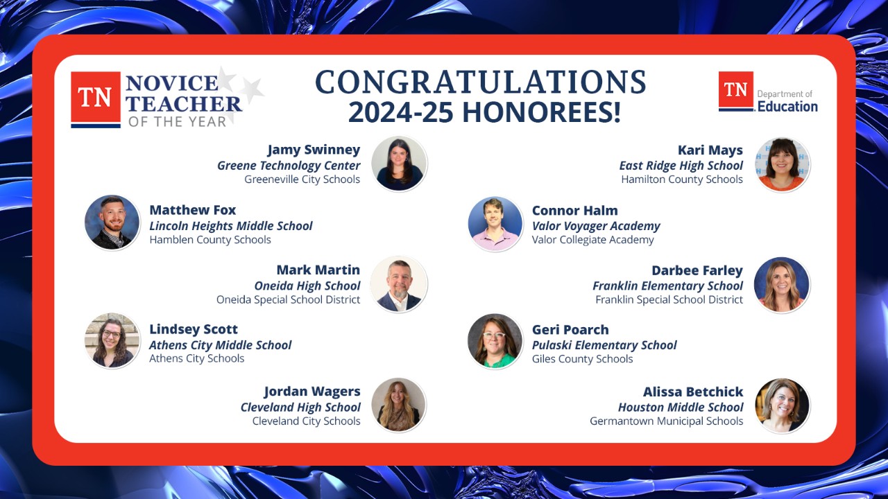 2024-25 Tennessee Novice Teacher of the Year Honorees 2024-25 Tennessee Novice Teacher of the Year Honorees