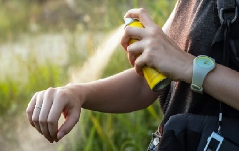 Person spraying insect repellent on arm Person spraying insect repellent on arm