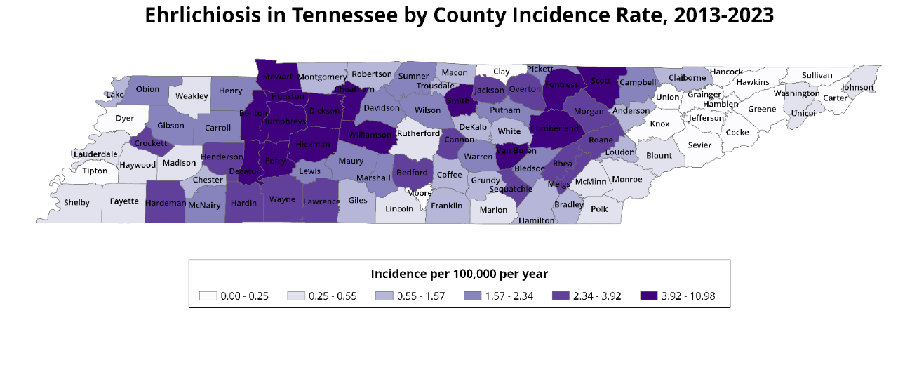 Ehrlichiosis case map across Tennessee by county Ehrlichiosis case map across Tennessee by county