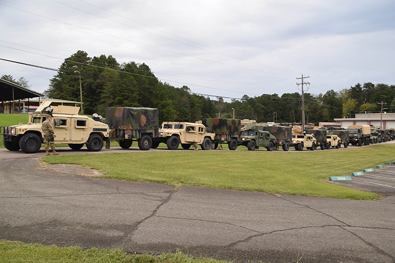 Members of the Tenn. Guard’s 117th Military Police Battalion prepare to depart battalion headquarters in Athens, Tenn. for South Carolina, September 16, 2018.  