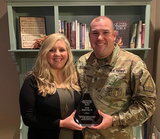 (Courtesy Photo: Staff Sgt. Aaron McDermott poses with his wife Jill after being awarded the Strength Maintenance Area Group III (Southeast region) Recruiting and Retention NCO of the Year, Nov. 20.) (Courtesy Photo: Staff Sgt. Aaron McDermott poses with his wife Jill after being awarded the Strength Maintenance Area Group III (Southeast region) Recruiting and Retention NCO of the Year, Nov. 20.)