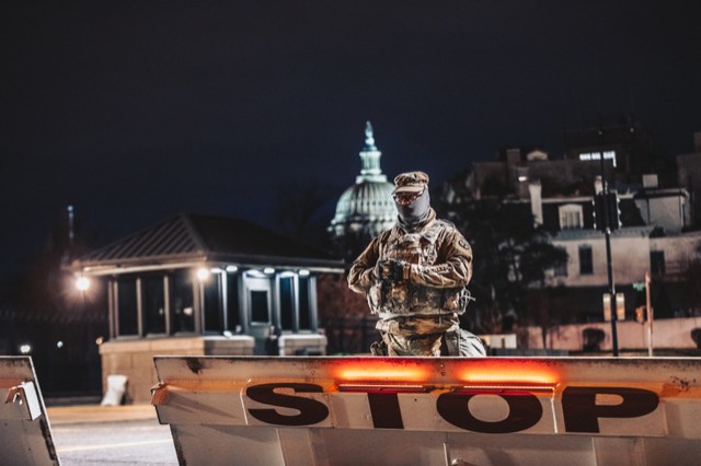 Over 750 Tennessee Guardsmen are currently providing support at the U.S. Capitol ahead of the 59th Presidential Inauguration in Washington, D.C on Jan. 20. (Photo taken on Jan. 17, 2021 by U.S. Army Sgt. Arturo Guzman) Tennessee Soldier with Washington D.C. in background