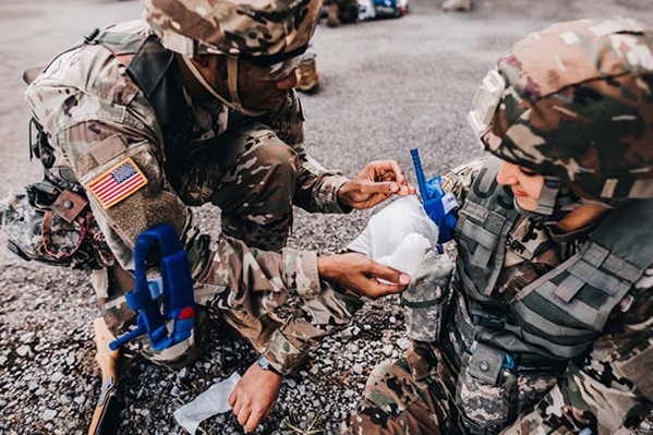 Members of the Tennessee National Guard’s 208th Area Support Medical Company conduct Tactical Combat Casualty Care training, on Nov. 3, at Smyrna’s Volunteer Training Site. The 208th is preparing for a year-long deployment to the U.S. Central Command area of operations later this year. (Photo by 1st Lt. Sarah Kohrt)