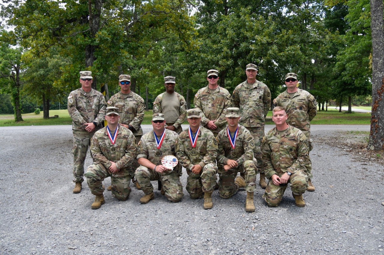 Staff Sgt. Sean Hart (center, front) poses with members of the 117th Regimental Training Institute, June 27, after competing in the Tennessee National Guard’s annual TAG Match. The TAG Match is an annual marksmanship competition and training event that is hosted by the Tennessee Combat Marksmanship Program. (Photo by Sgt. 1st Class Timothy Cordeiro) Staff Sgt. Sean Hart (center, front) poses with members of the 117th Regimental Training Institute, June 27, after competing in the Tennessee National Guard’s annual TAG Match. The TAG Match is an annual marksmanship competition and training event that is hosted by the Tennessee Combat Marksmanship Program. (Photo by Sgt. 1st Class Timothy Cordeiro)