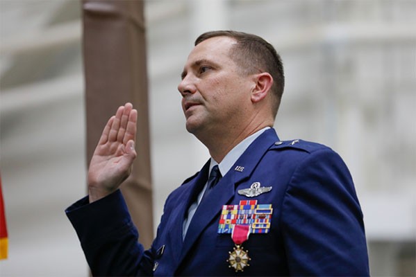 Brig. Gen. Todd Wiles reaffirms his oath during his promotion ceremony to brigadier general in the Tennessee Air National Guard held at Berry Field Air National Guard Base in Nashville, Nov. 5. (photo by Tech. Sgt. Darrell Hamm)
