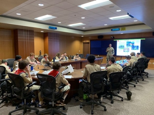 Tennessee’s Adjutant General, Maj. Gen. Jeff Holmes, teaches a class on architecture during the Merit Badge University on April 30. Over 50 Soldiers and Airmen offered 23 different specialized merit badge classes for the Scouts to choose from. Over 400 participants registered with roughly 20 Scouts per class. (Photo by: Lt. Col. Marty Malone) Tennessee’s Adjutant General, Maj. Gen. Jeff Holmes, teaches a class on architecture during the Merit Badge University on April 30. Over 50 Soldiers and Airmen offered 23 different specialized merit badge classes for the Scouts to choose from. Over 400 participants registered with roughly 20 Scouts per class. (Photo by: Lt. Col. Marty Malone)