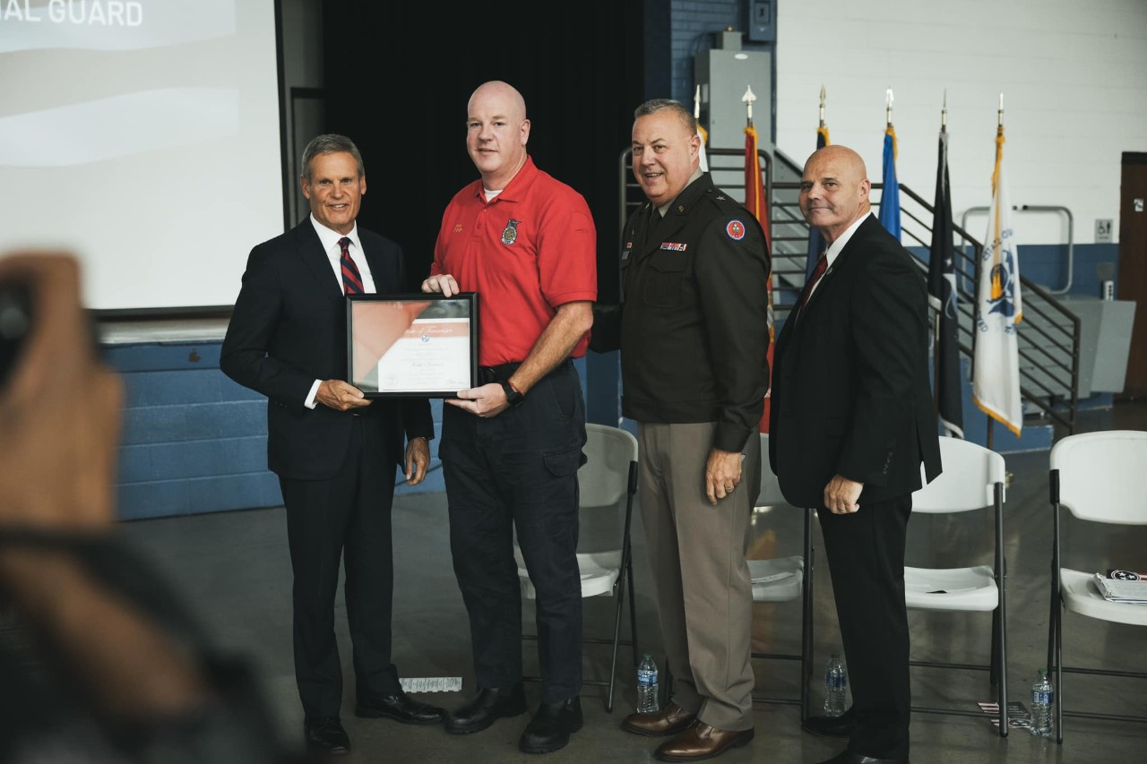Master Sgt. Keith Norman, a Tennessee Air National Guardsman and firefighter manager for the 164th Airlift Wing, was honored at Gov. Bill Lee’s Veterans Day Ceremony, Nov. 9, at Joint Force Headquarters in Nashville. Each year, five state employees are honored for their service to the country and their roles in serving Tennessee. 
