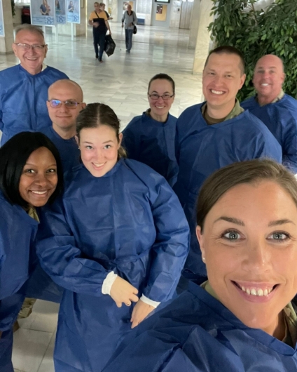 Members of the Tennessee National Guard training team pose at Bulgaria’s Militart Medical Academy during Thracian Sentry 23 on June 13 in Sofia, Bulgaria. (photo by TSgt Dawn McCall)