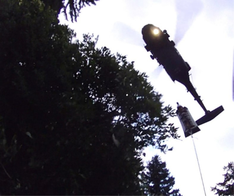 An injured hiker, who is immobilized and protected on a Skedco stretcher, is hoisted into a hovering Tennessee Army National Guard Blackhawk helicopter during a rescue at the Great Smoky Mountains National Park, July 27. (Submitted photo) An injured hiker, who is immobilized and protected on a Skedco stretcher, is hoisted into a hovering Tennessee Army National Guard Blackhawk helicopter during a rescue at the Great Smoky Mountains National Park, July 27. (Submitted photo)