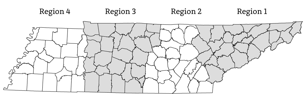 Tennessee State Map Showing Four Regions
